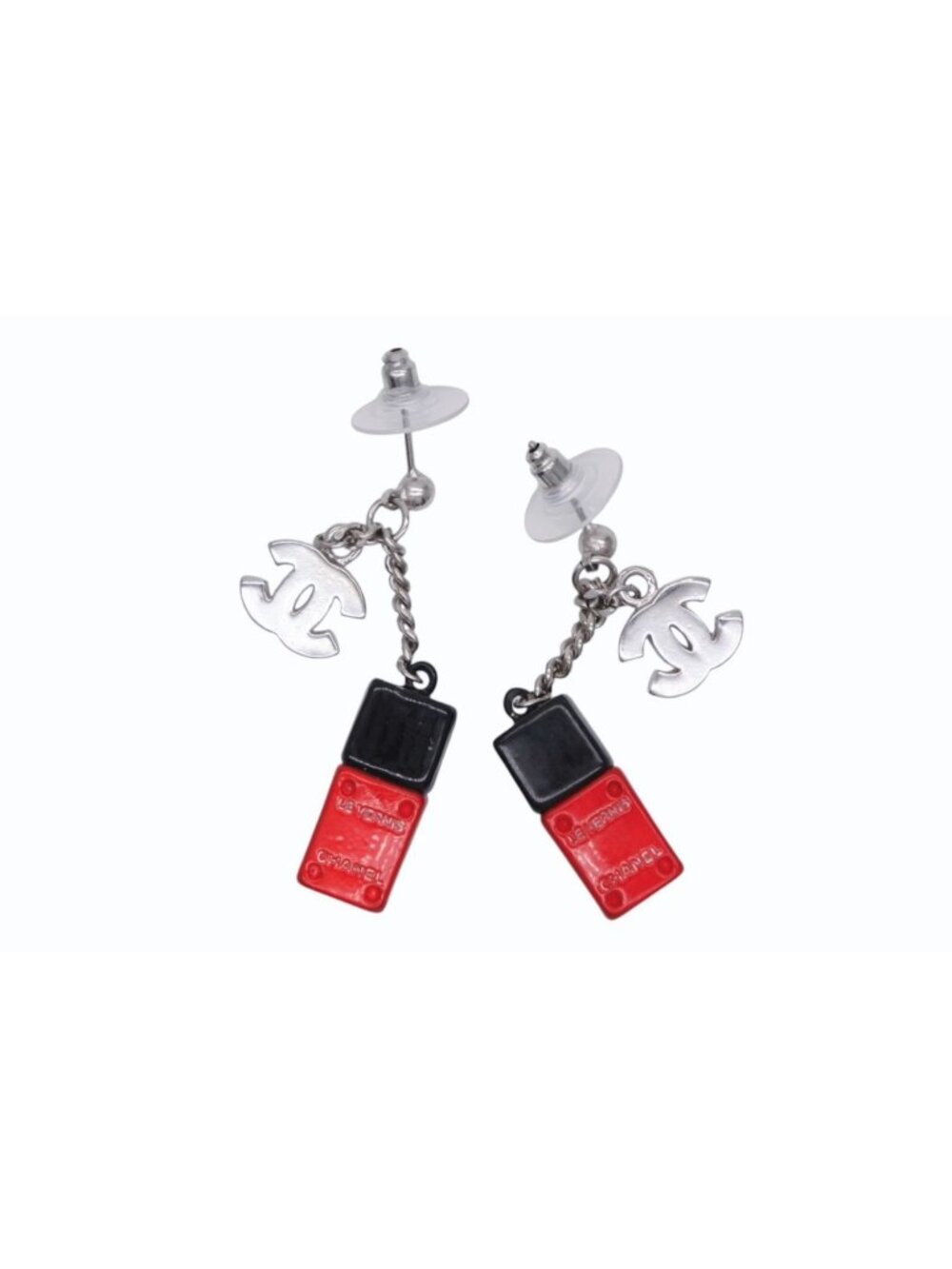 Chanel CC Logo Nail Bottle Earrings Black Red Silver Brass